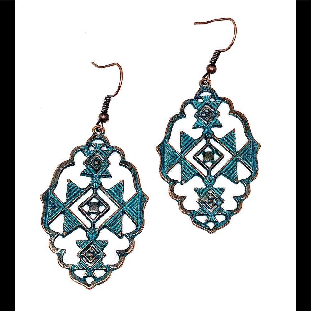 Verdigris Patina Copper Southwest Style Boho Openwork Statement Dangle Earrings